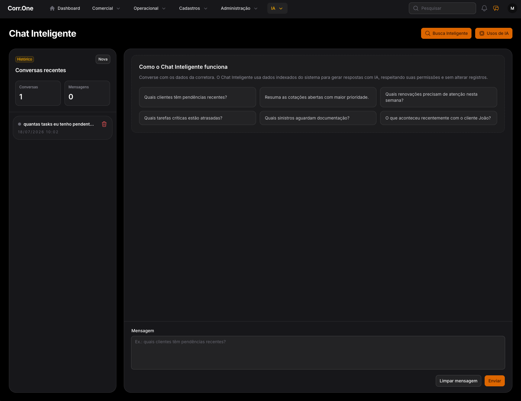 Tela do Chat Inteligente do Corr.One com sugestões de consultas sobre clientes, cotações, renovações e tarefas