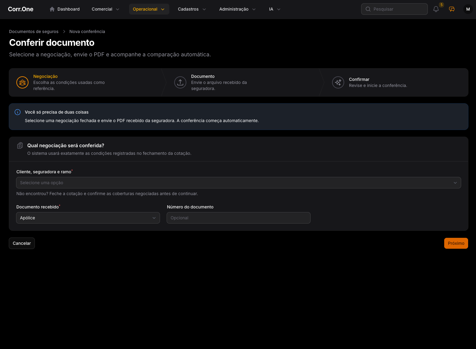 Tela do Corr.One para iniciar a conferência de uma apólice com inteligência artificial a partir da negociação