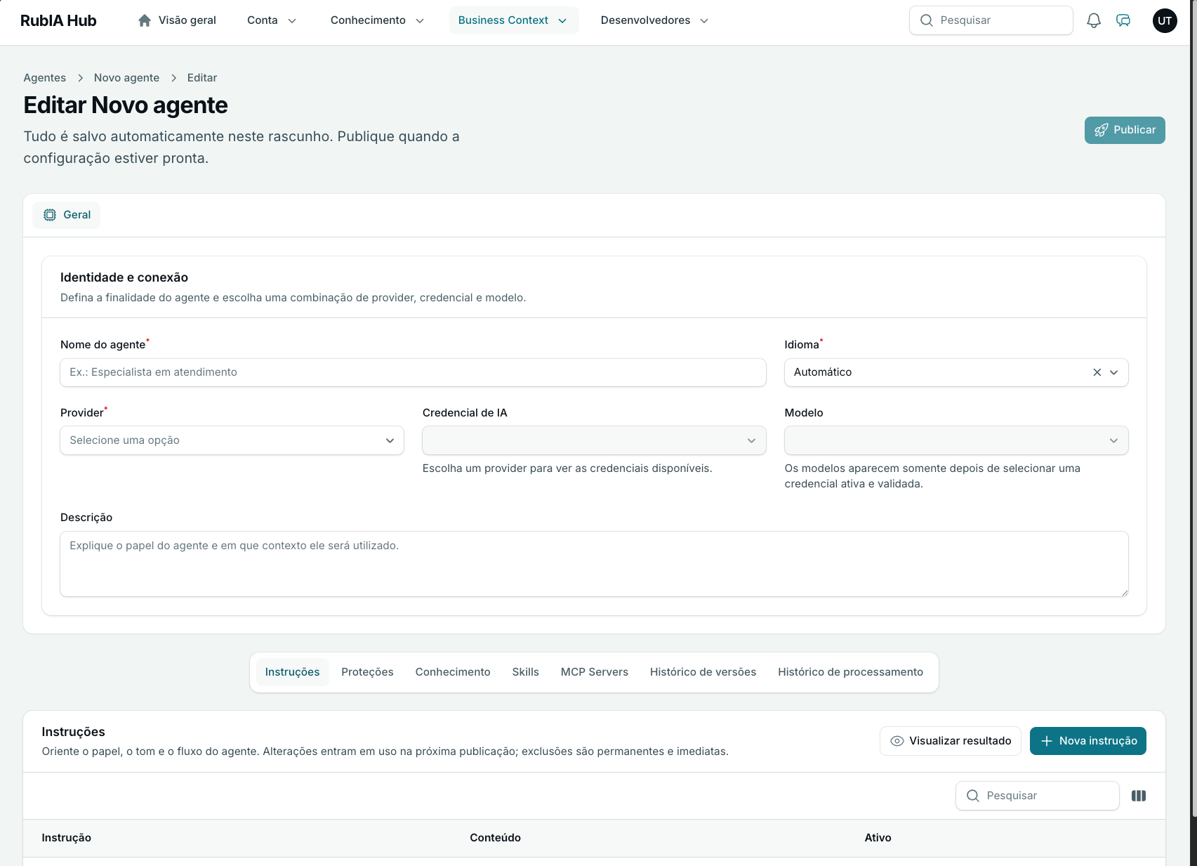 Tela do RubIA Hub para configurar identidade, provider, modelo e módulos de um agente de IA