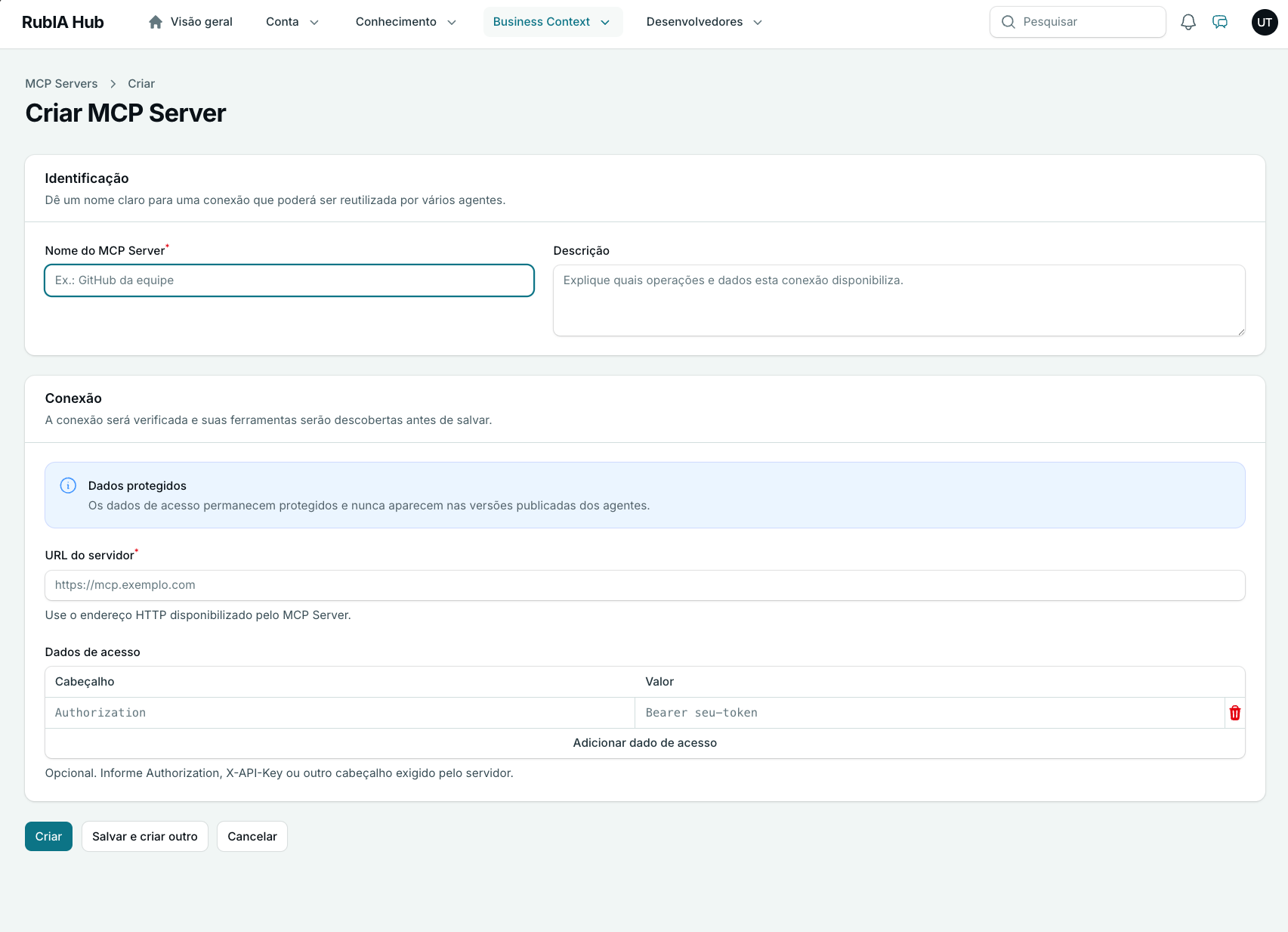 Tela do RubIA Hub para cadastrar um MCP Server com URL e dados de acesso protegidos