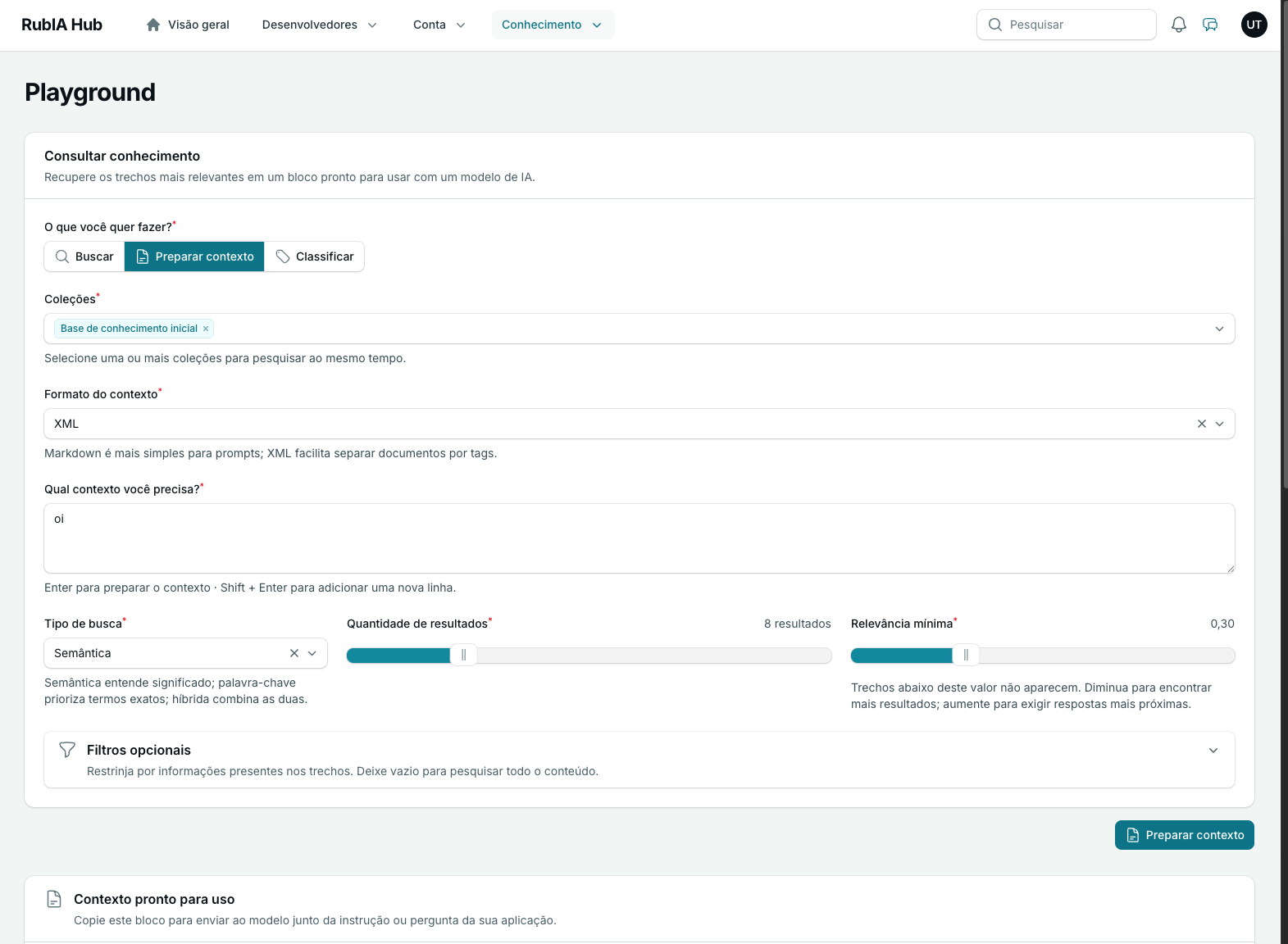 Playground do RubIA Hub preparando trechos de conhecimento em XML para uso como contexto por um modelo de IA