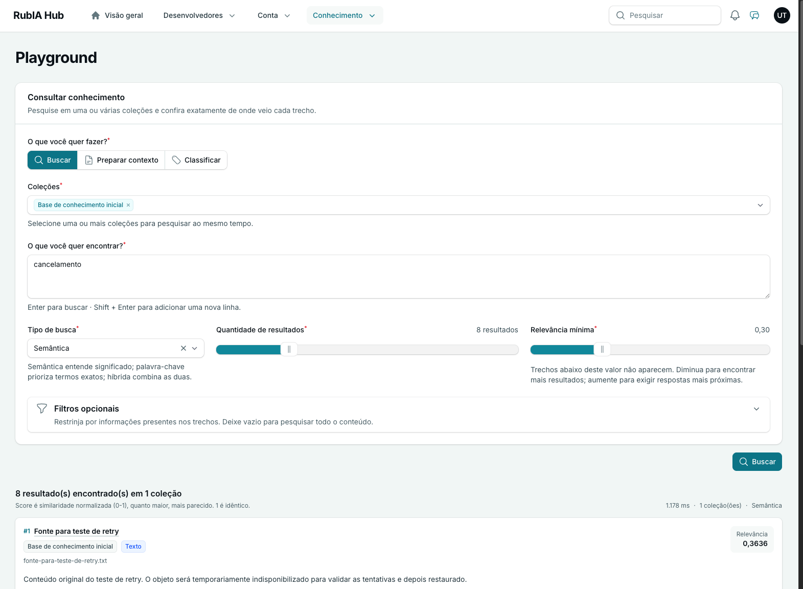 Playground do RubIA Hub para buscar conhecimento com filtros e controle de relevância
